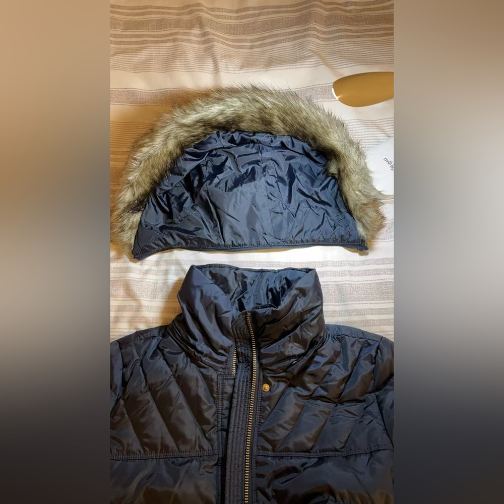 Michael Kors Navy Down Quilted Coat with Faux Fur Hood - Picture 12 of 16
